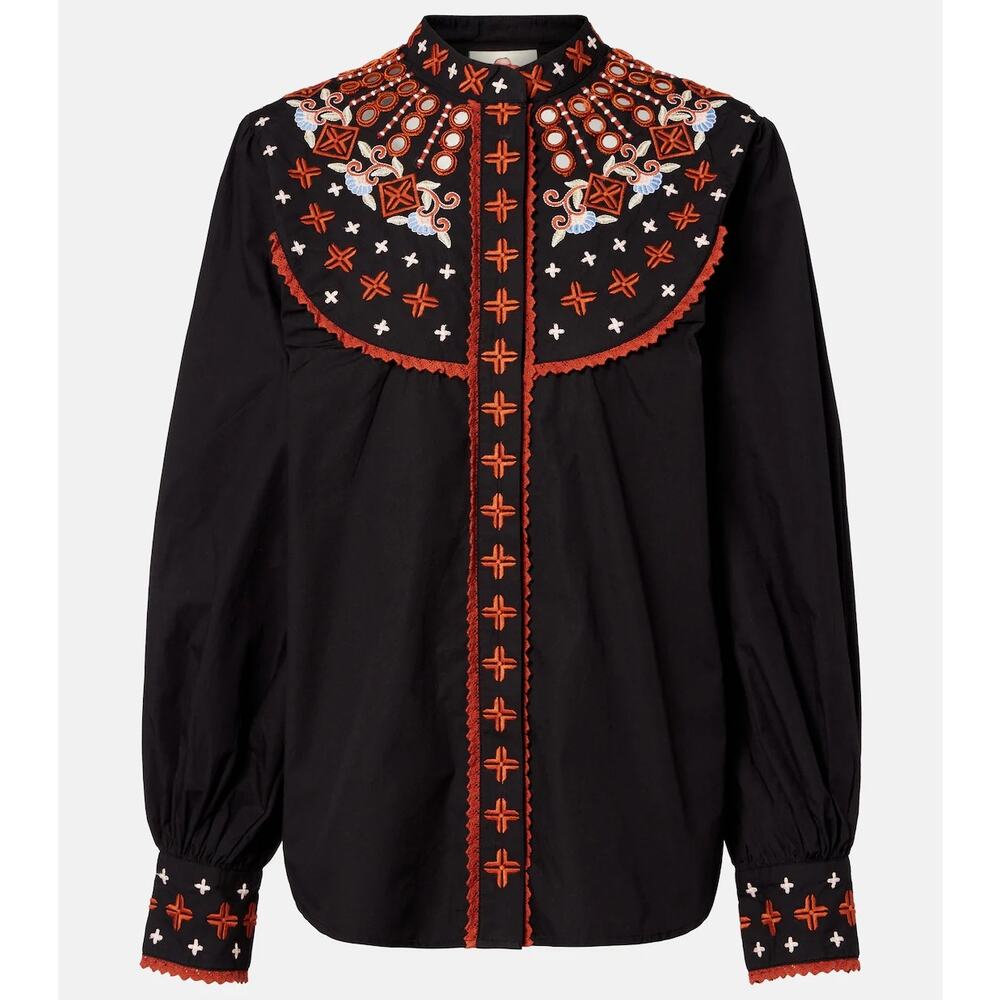 Farm Rio Embroidered cotton button front black blouse size XL - Picture 4 of 12
